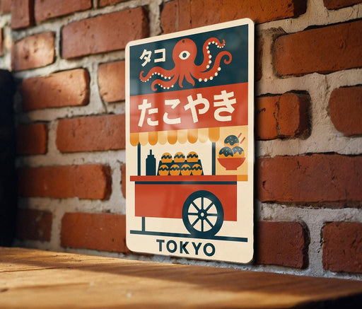 A colorful sign featuring an illustration of an ice cream cart and an octopus, with the word "TOKYO" written on it, is displayed on a brick wall.