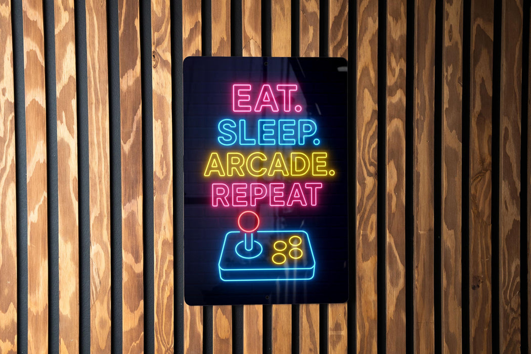 A neon sign with the text "EAT. SLEEP. arcADE. REPEAT" in neon colors is displayed on a wooden wall.