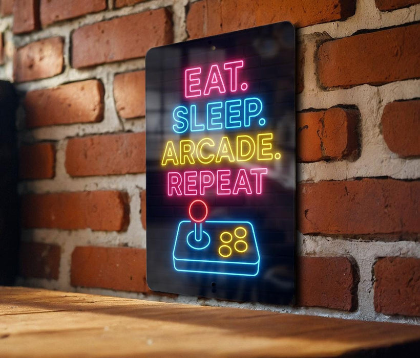 A neon sign on a brick wall that reads "EAT. SLEEP. ARCAKE. REPEAT" with a joystick icon below it.