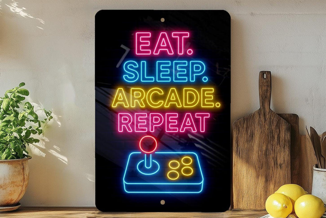 A neon sign with the text "EAT. SLEEP. arcADE. repeat" is displayed on a wall, with a wooden cutting board and a potted plant to the side.