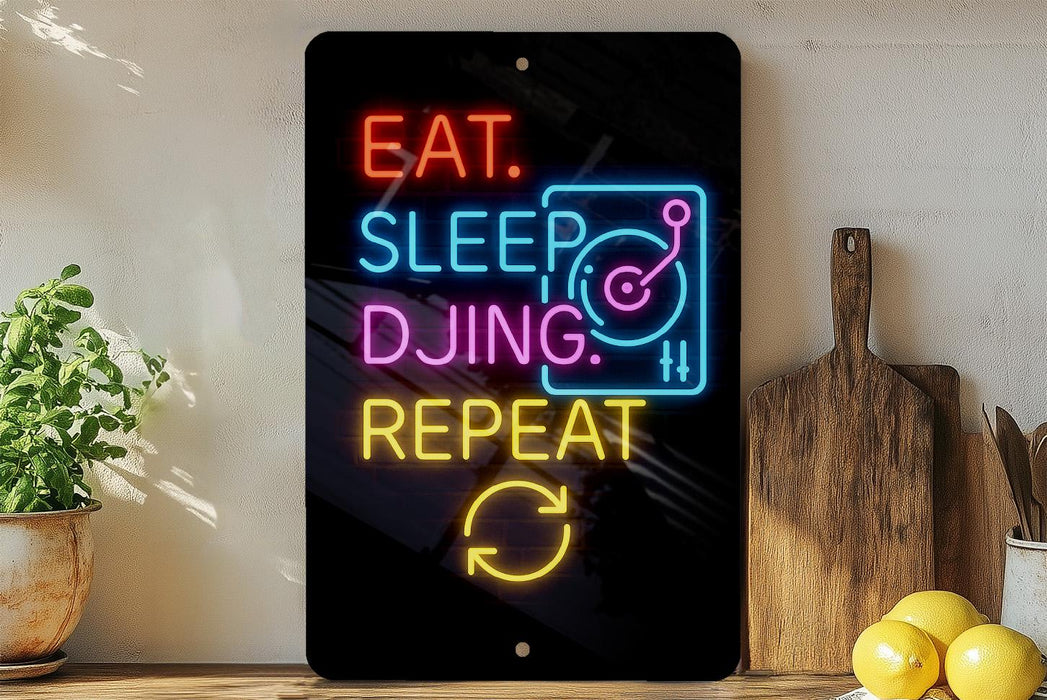 A neon sign with the text "EAT. SLEEP. DJING. REPEAT" is displayed on a wall, accompanied by a wooden cutting board and a potted plant.