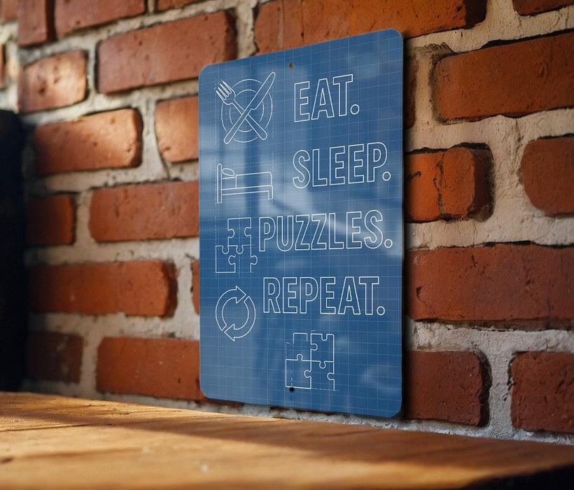 A blue sign with white text is mounted on a brick wall, providing instructions for activities such as eating, sleeping, puzzles, and repeating.