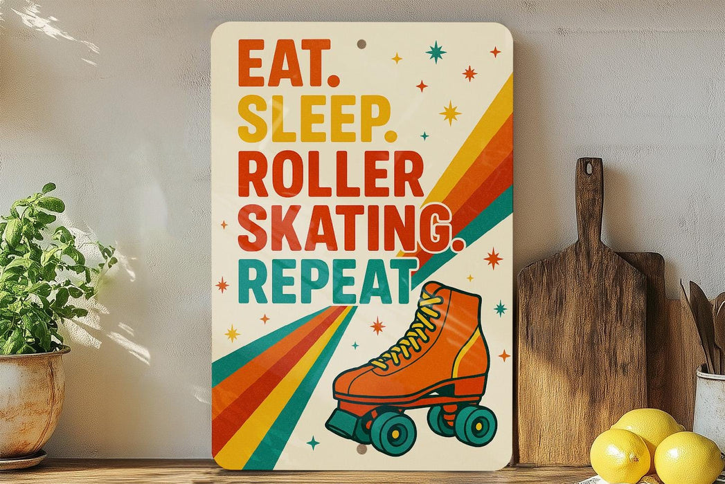 a colorful sign with a roller skating theme, accompanied by a wooden cutting board and a potted plant.