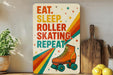 a colorful sign with a roller skating theme, accompanied by a wooden cutting board and a potted plant.