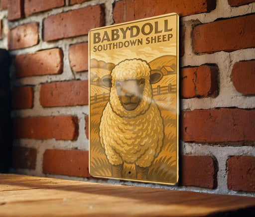 A metal sign with a sheep illustration is mounted on a brick wall.