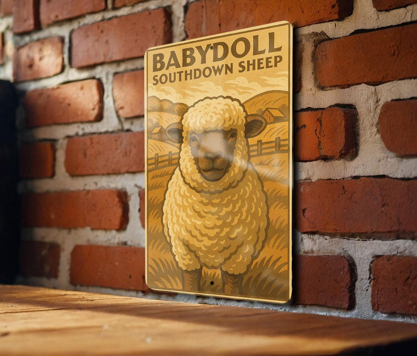 A metal sign with a sheep illustration is mounted on a brick wall.