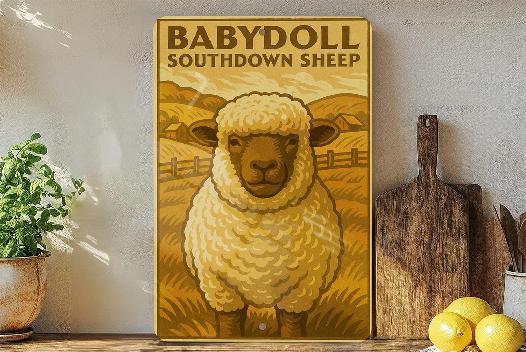 a large metal sign with a sheep illustration, placed on a wooden shelf next to a wooden cutting board and some lemons.