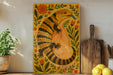 a vibrant, hand-painted illustration of a colorful lizard or salamander, surrounded by a lush floral border, placed on a wooden surface.