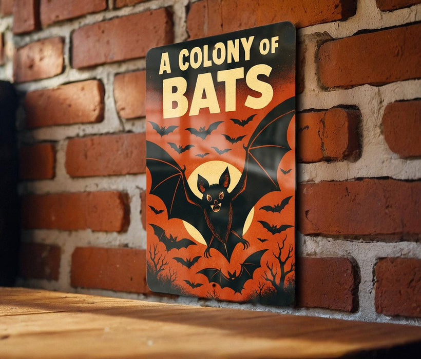 A sign with the text "A COLONY OF BAT" and an illustration of bats against a red and orange background, mounted on a brick wall.