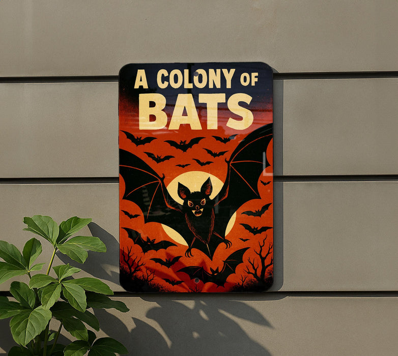 A sign with the text "A COLONY OF BAT" and an illustration of bats against a sunset background.