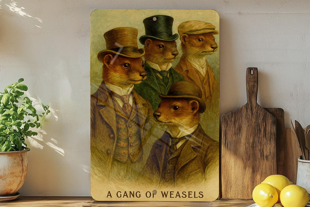 a painting of four otters dressed in suits and hats, with the text "A GANG OF WEASELS" below the painting.