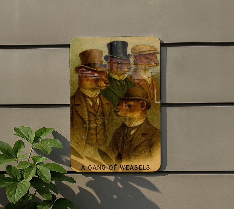 a painting of four weasels dressed in suits and top hats, with the text "A Gang of Weasels" below the painting.