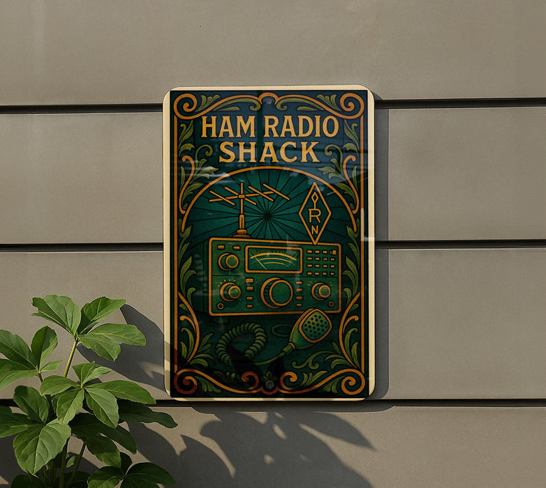 A vintage-style sign for Ham Radio Shack, featuring an antenna and radio equipment, is displayed on a wall next to a plant.