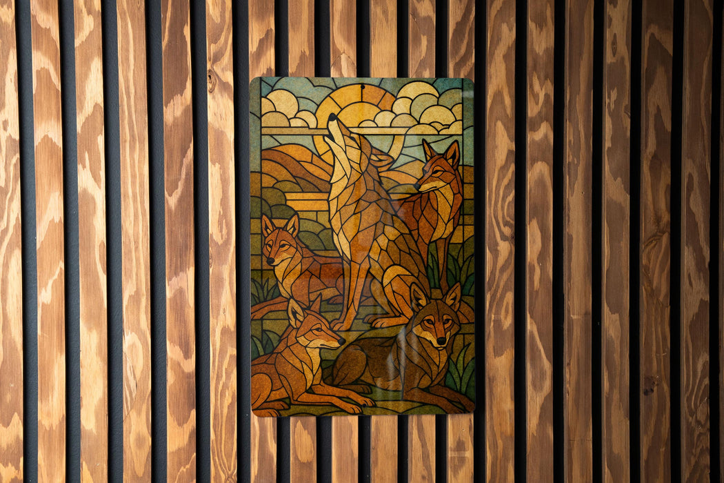 A stained glass artwork depicting a group of foxes in a natural landscape, with a wolf howling in the background.