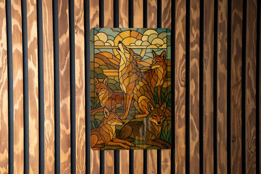 A stained glass artwork depicting a group of foxes in a natural landscape, with a wolf howling in the background.