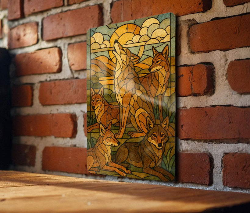 a vibrant stained glass artwork depicting a group of wolves in a natural setting, with a warm and earthy color palette.