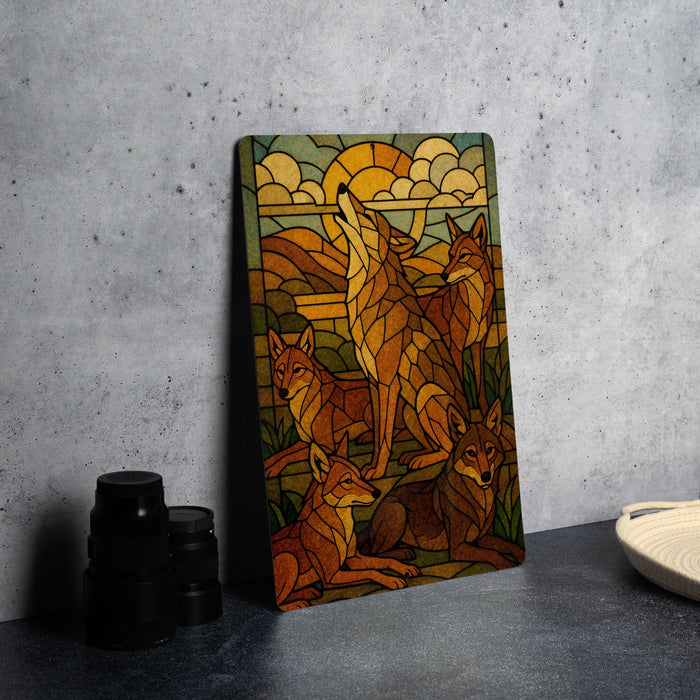 a wooden panel with a vibrant stained glass-like design depicting a group of wolves in a natural setting.