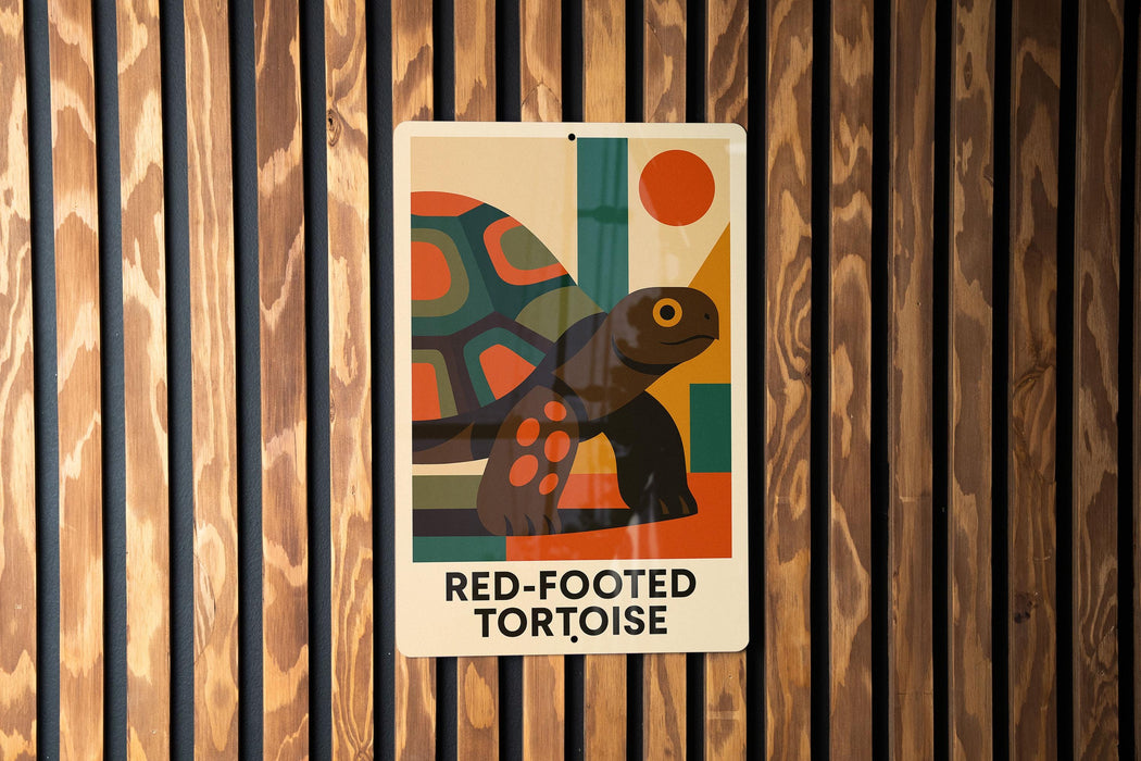 A sign with a colorful illustration of a red-footed tortoise is displayed on a wooden wall.