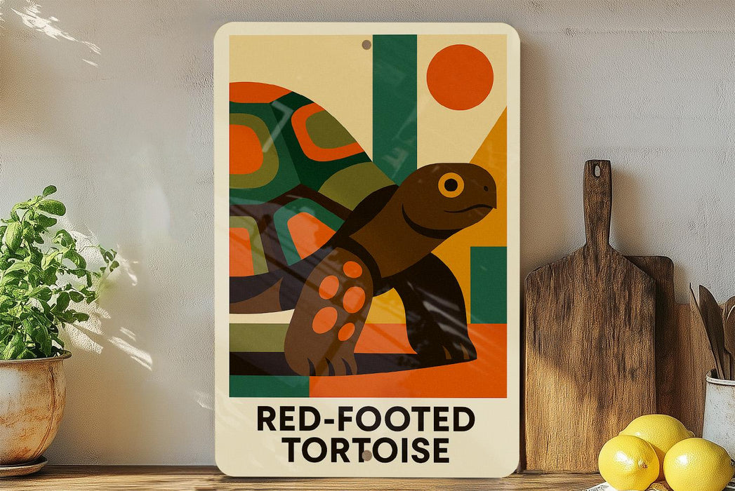 a poster of a red-footed tortoise on a wall, with a wooden cutting board and a potted plant to the side.