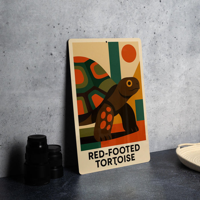 A metal sign with a colorful illustration of a red-footed tortoise, placed on a table next to some black camera lenses.