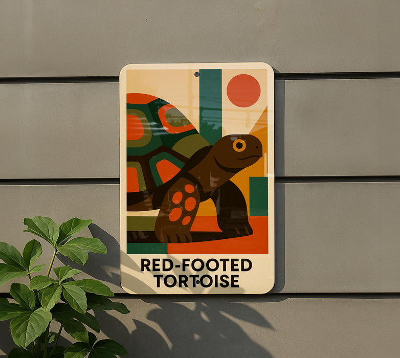 A sign with a colorful illustration of a red-footed tortoise on a wall, with the text "RED-FOOTED TORTOISE" below the image.