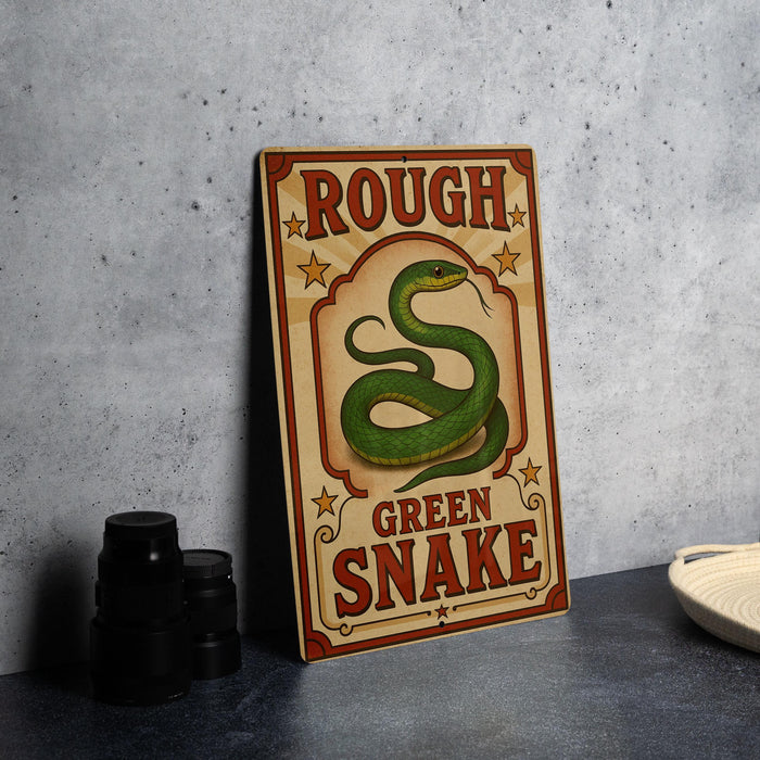 a vintage-style sign with the text "ROUGH GREEN SNAKE" and an illustration of a green snake.