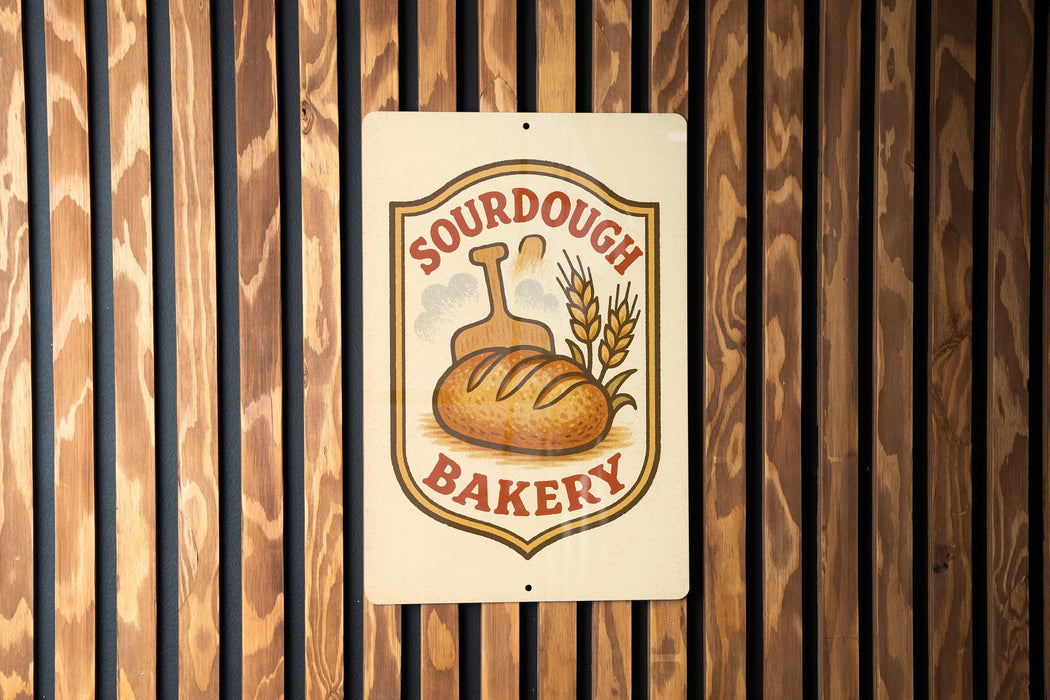 a sign for a bakery, with a wooden background and a bread loaf illustration.