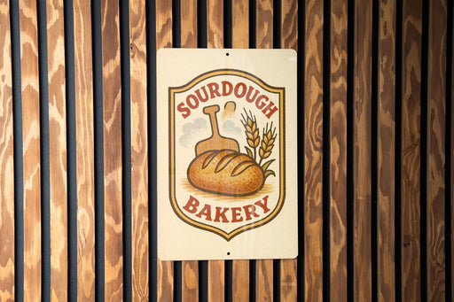 a sign for a bakery, with a wooden background and a bread loaf illustration.