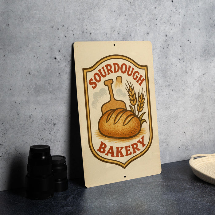 a sign for a bakery called "Sour Dough Bakery", with a loaf of bread and wheat stalks as the main design elements.