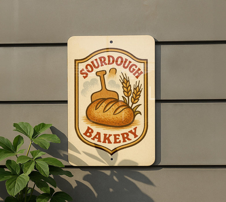 a sign for a bakery, with a bread loaf and wheat stalks as the main decorative elements.