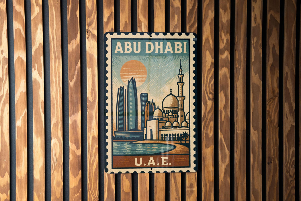 A vintage-style postage stamp from Abu Dhabi, featuring a cityscape with a mosque and a sunset in the background.