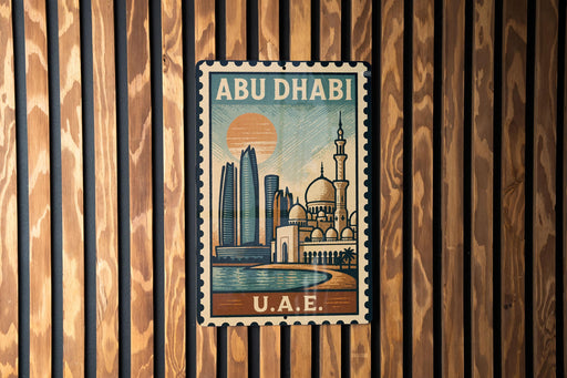 A vintage-style postage stamp from Abu Dhabi, featuring a cityscape with a mosque and a sunset in the background.