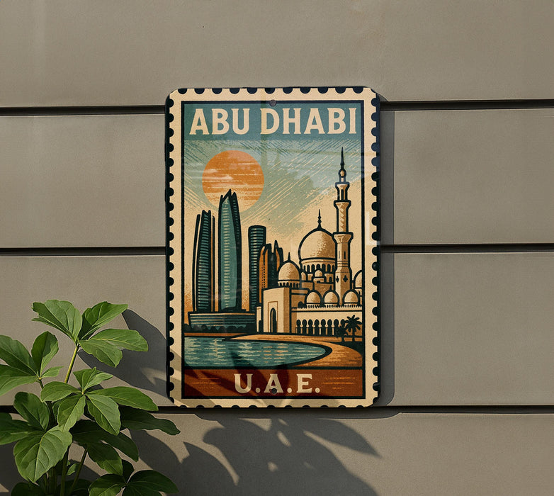 A vintage-style postage stamp depicting the skyline of Abu Dhabi, featuring the iconic skyline of the United Arab Emirates.