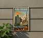 A vintage-style postage stamp depicting the skyline of Abu Dhabi, featuring the iconic skyline of the United Arab Emirates.