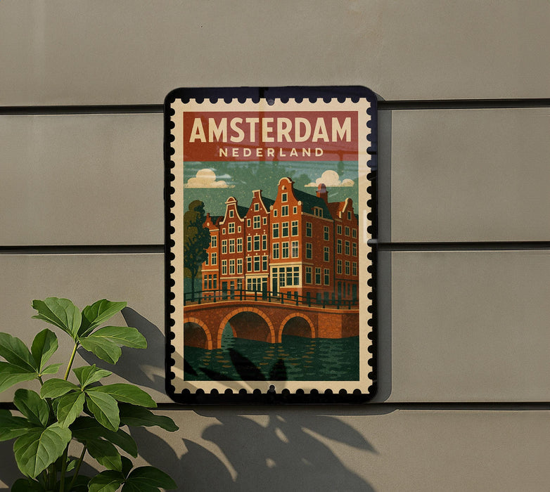 A framed poster of Amsterdam, Netherlands, featuring a colorful illustration of the city's iconic architecture, including a bridge and canal.
