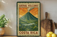 A vintage-style poster of an Arenal Volcano in Costa Rica, featuring a colorful illustration of the volcano and a tropical landscape.