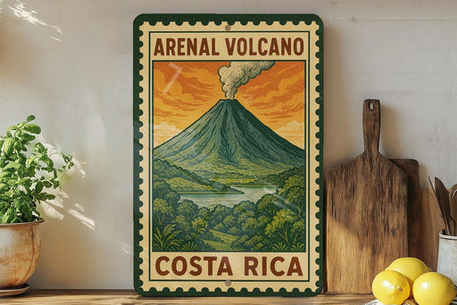 A vintage-style poster of an Arenal Volcano in Costa Rica, featuring a colorful illustration of the volcano and a tropical landscape.