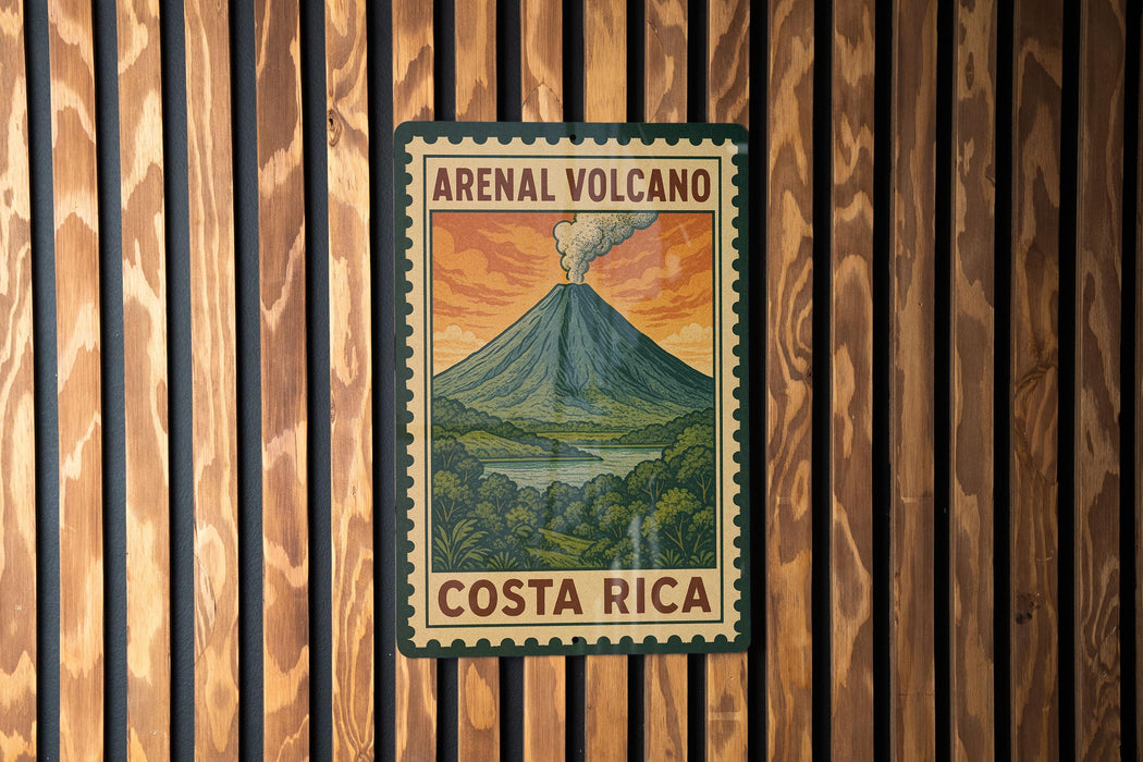 A vintage-style poster of an Arenal Volcano in Costa Rica, featuring a colorful illustration of the volcano and the surrounding landscape.