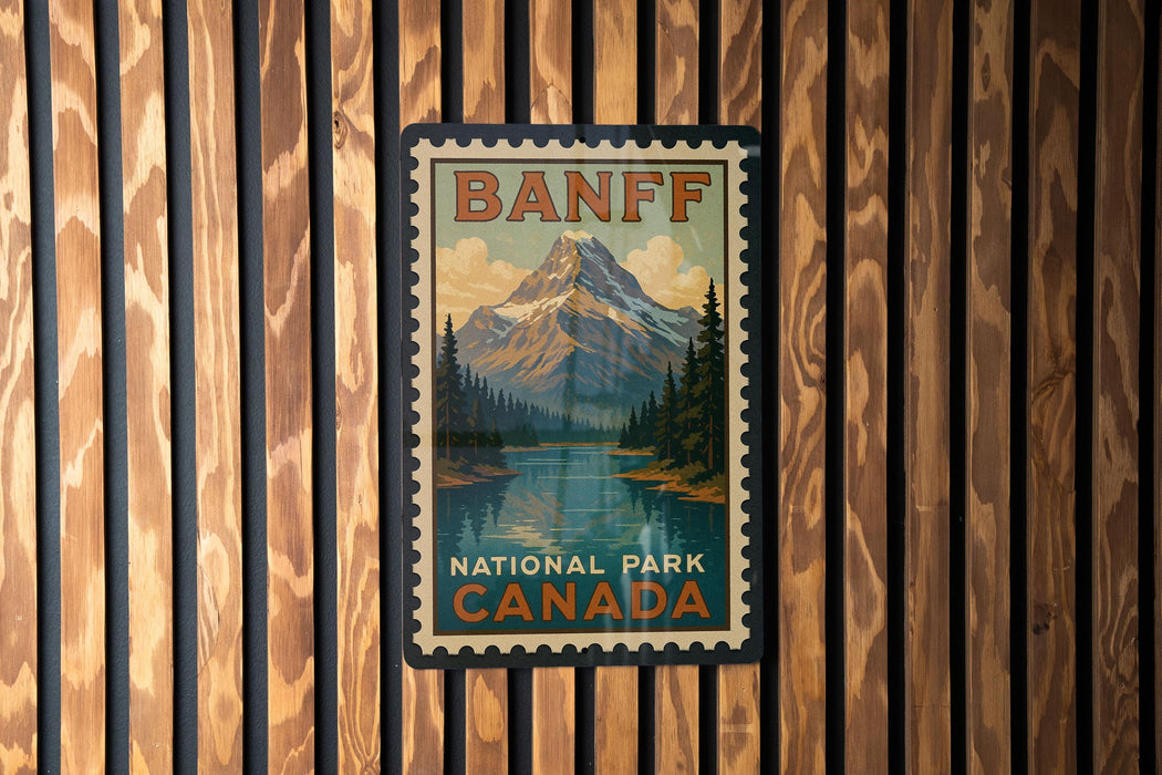 A vintage-style poster of Banff National Park, Canada, featuring a mountain landscape with a lake in the background.