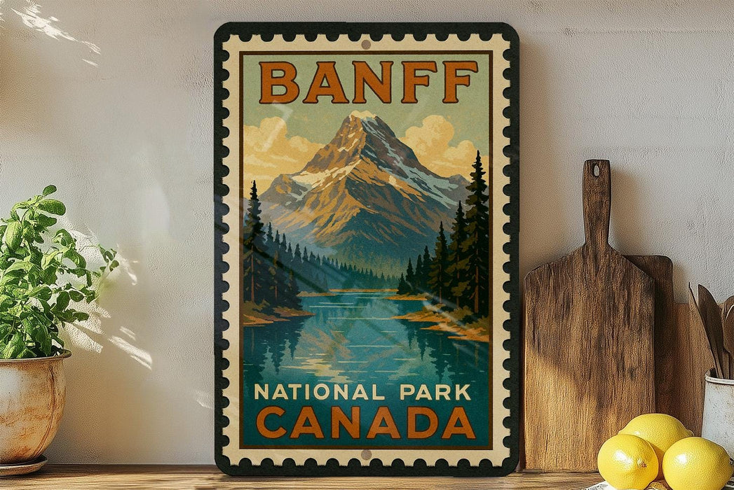 A vintage-style poster of Banff National Park, Canada, featuring a mountain landscape with a lake and pine trees, is displayed on a wall next to a wooden cutting board and some kitchen utensils.