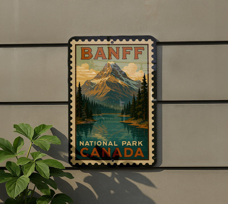 A vintage-style sign for Banff National Park, featuring a mountain landscape with a lake and pine trees, mounted on a wall.