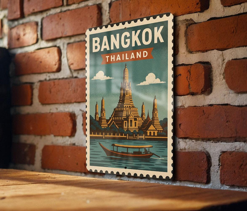 A vintage-style poster of Bangkok, Thailand, featuring a temple and a boat on the water, mounted on a brick wall.