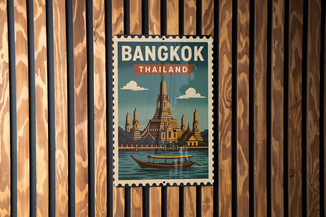 A vintage-style poster of Bangkok, Thailand, featuring the iconic Wat Phra Kaew temple and a boat on the water.