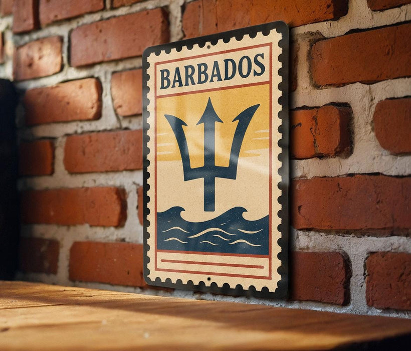 A vintage-style metal sign with the word "BARBADOS" and a trident symbol is displayed on a brick wall.