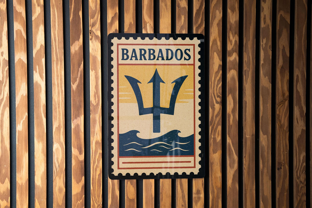 A vintage-style postage stamp with the word "BARBADOS" printed on it, featuring a trident symbol, is displayed on a wooden wall.