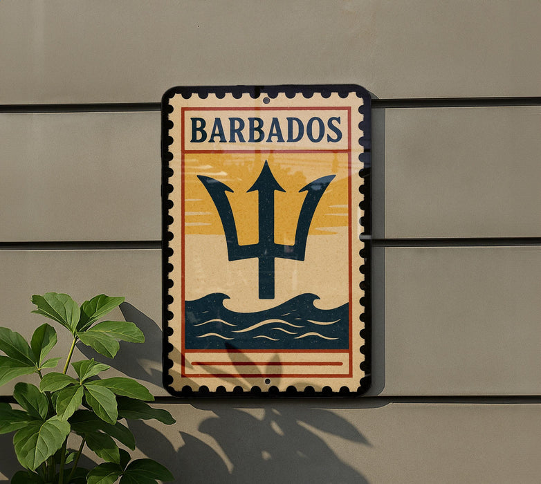 A vintage-style sign with the word "BARBADOS" and a trident symbol is displayed on a wall, with a plant to the left.
