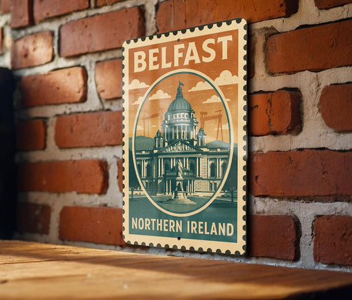 A vintage-style metal sign with the text "BELFAST NORTHERN IRELAND" and an illustration of a building, likely representing the capital city of Northern Ireland.