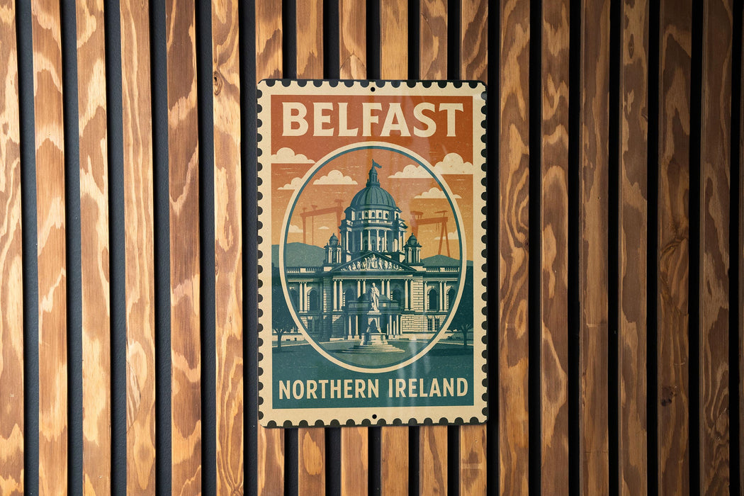 A vintage postage stamp from Belfast, Northern Ireland, featuring an illustration of the city's iconic architecture.