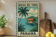 A vintage-style metal sign with a tropical island scene, featuring a wooden hut, palm trees, and a body of water. The sign is framed with a border and displays the text "BOCAS DEL TORO PANAMA".