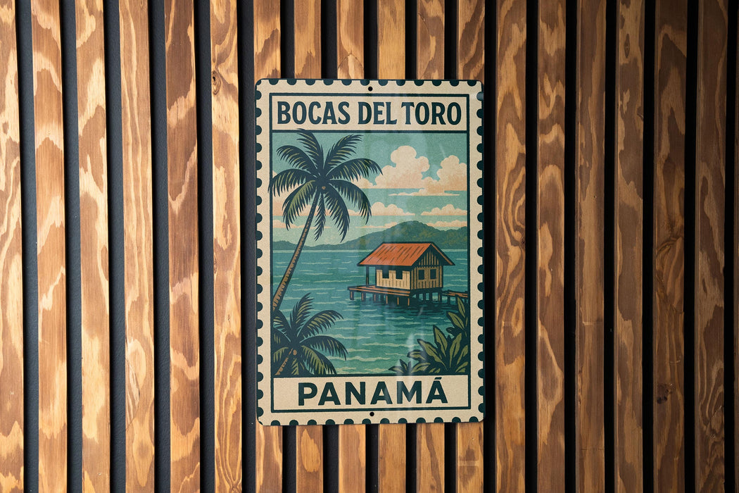 A vintage-style poster of Bocas del Toro, a tropical island in Panama, featuring a palm tree and a house on a wooden dock.